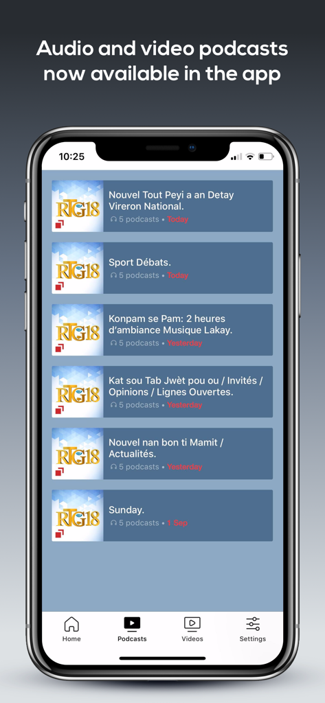 Radio Tele Ginen - Smartphone screen displaying a list of audio and video podcasts from Radio Tele Ginen in Haitian Creole.