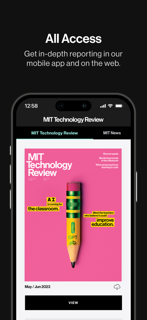 MIT Technology Review - 教育における AI に関するストーリーを特集した MIT Technology Review のすべてのアクセスデジタルマガジンの表紙を表示する MIT Technology Review アプリのインターフェース