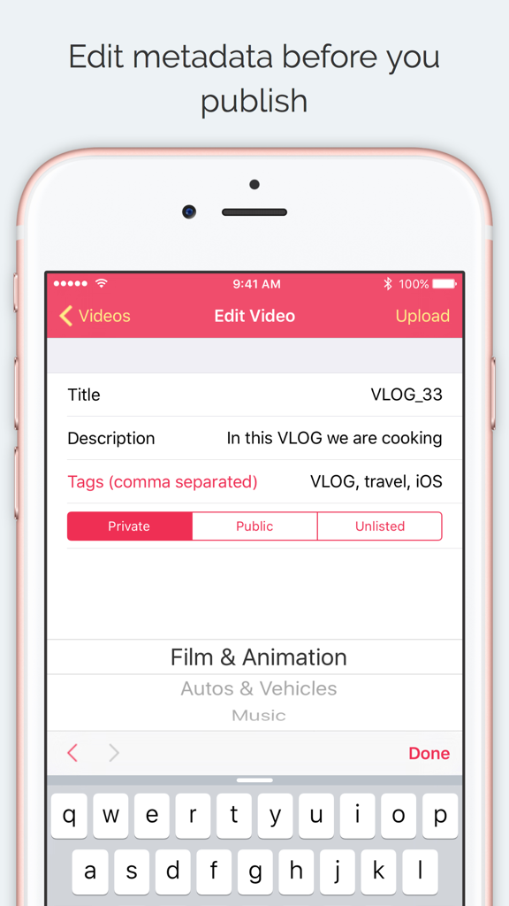 Interface for editing video title description and tags in the YouUpload app
