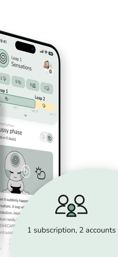 The Wonder Weeks app interface displaying a baby development leap schedule and a dual account subscription offer.