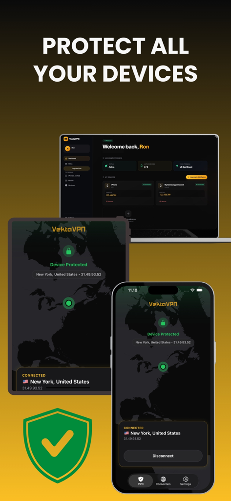 US VPN: VektaVPN - Interfaz de la app VektaVPN mostrada en pantallas de laptop, tablet y smartphone