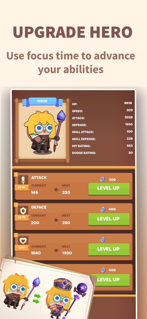 Focus Quest: Study buddy - Interfaz de la aplicación Focus Quest que muestra estadísticas del personaje héroe y botones para subir de nivel de ataque y defensa usando tiempo de concentración.