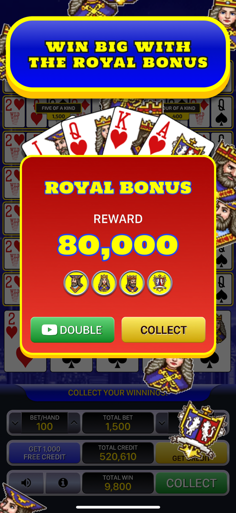 アメリカンビデオポーカーアプリのロイヤルボーナス画面のスクリーンショット。80,000クレジットの報酬と、ダブルまたはコレクトボタンが表示されている。