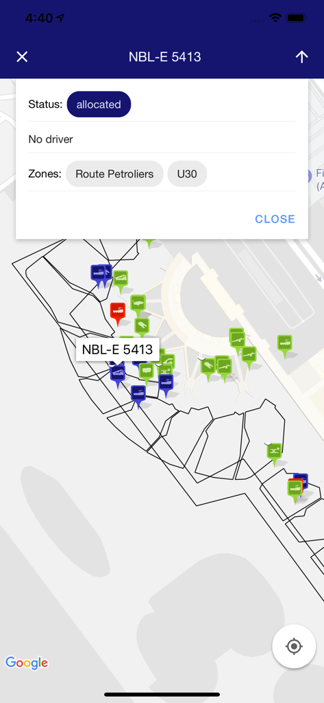 Localeez - Localeez app map interface showing real-time location and status of airport ground support equipment