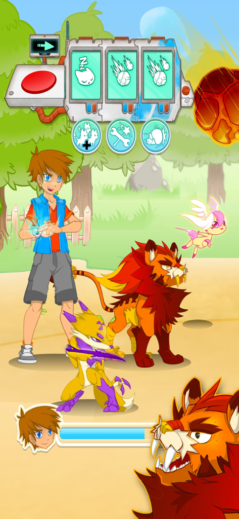 A trainer leading a team of colorful monsters in a strategic turn-based battle.