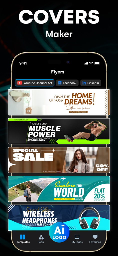 Uma variedade de modelos de capa e banner de redes sociais para YouTube, Facebook e LinkedIn dentro da interface do aplicativo Criador de Logos.