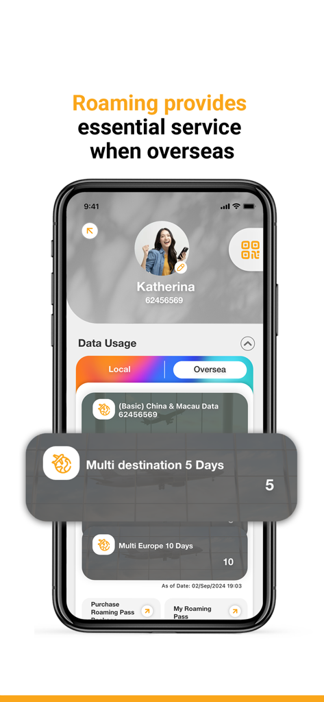 csl. - Interface of the csl. app showing international roaming data plans and usage options for travelers.