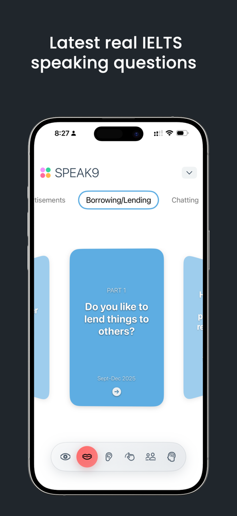 IELTS Band9 – AI Mock Tests - IELTS speaking practice screen featuring latest real exam questions for part one preparation