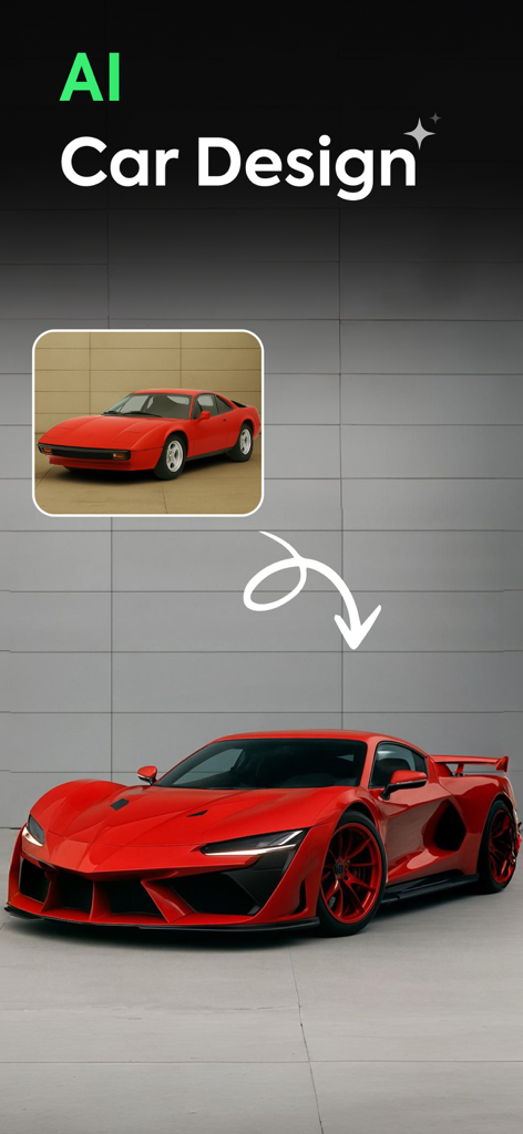 AI Car Designer: Car Modify AI - La aplicación Diseñador de Coches IA muestra un coche deportivo rojo clásico siendo modificado a un diseño futurista de coche deportivo