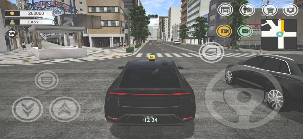 Japan Taxi Simulator : Driving - Third person view of a black car driving through the realistic streets of Osaka in Japan Taxi Simulator