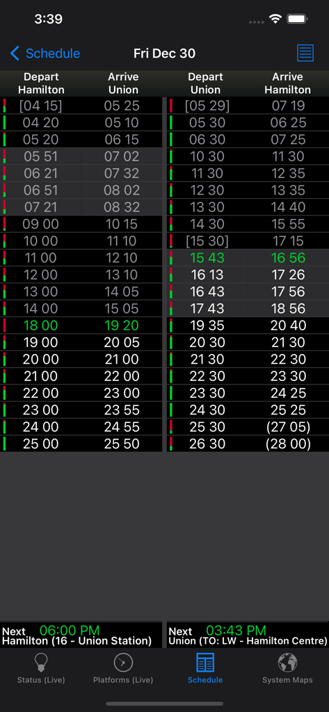 Transit schedule table showing departure and arrival times between Hamilton and Union Station
