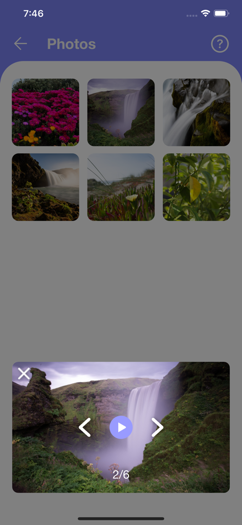 自然の風景と滝のプレビューが表示された、画面ミラーリング アプリの写真ギャラリーインターフェイス