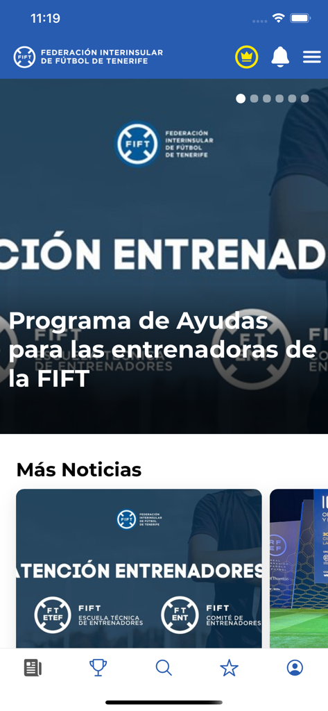 FIFT APP - Home screen of the FIFT app featuring the latest news and information from the Tenerife Football Federation.