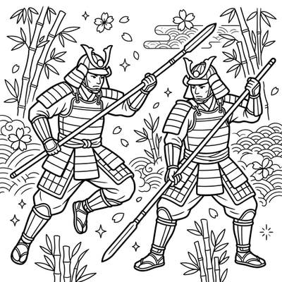 Embark on an exciting journey to feudal Japan with this Yari Spearsmen coloring page, perfect for young samurai enthusiasts. Kids aged 4-8 will love bringing these brave warriors and their detailed spears to life with their favorite colors.