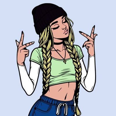 realistic teenage girl with braids and a beanie and crop top doing 🫶🏼