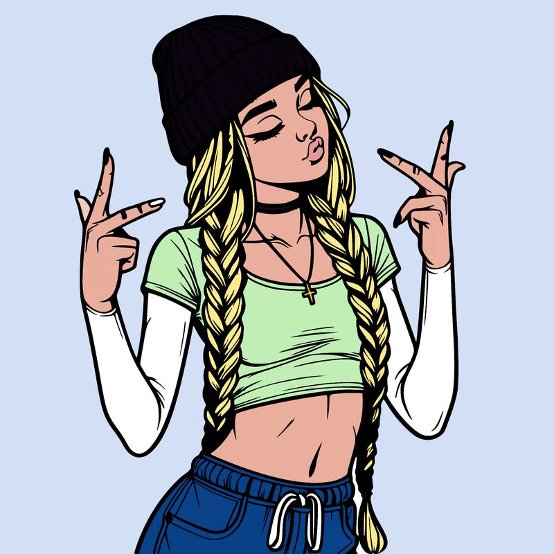 realistic teenage girl with braids and a beanie and crop top doing 🫶🏼