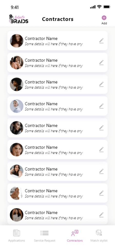 Labelle Braids - Labelle Braidsアプリから、プロのヘアブレイディングスタイリストとコントラクターのディレクトリを表示する画面