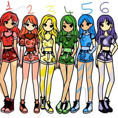 a group of girls wearing crop tops and shorts