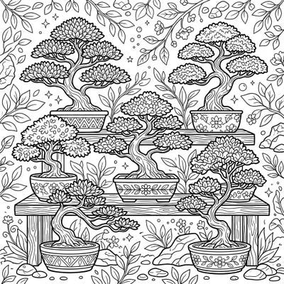 Cultivate calm and creativity with this enchanting indoor bonsai trees coloring page. Featuring beautifully detailed miniature trees and a serene natural backdrop, it promises a relaxing artistic journey.