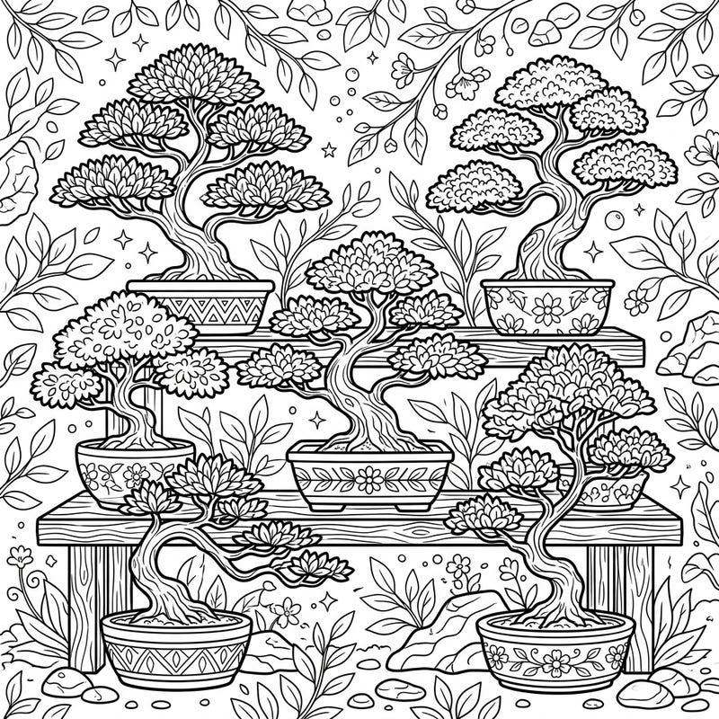 Cultivate calm and creativity with this enchanting indoor bonsai trees coloring page. Featuring beautifully detailed miniature trees and a serene natural backdrop, it promises a relaxing artistic journey.
