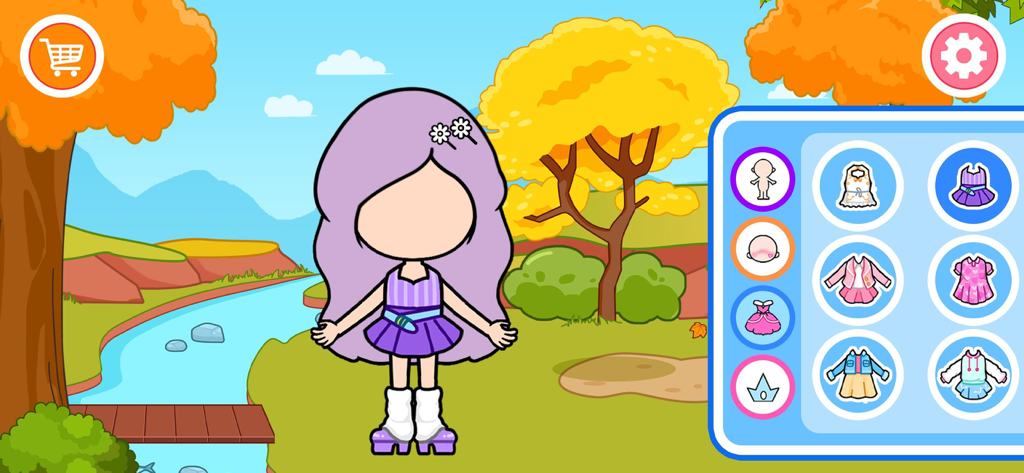 Princess Avatar Maker World - Una muñeca princesa de pelo morado siendo personalizada en un entorno de parque otoñal con varias opciones de atuendo