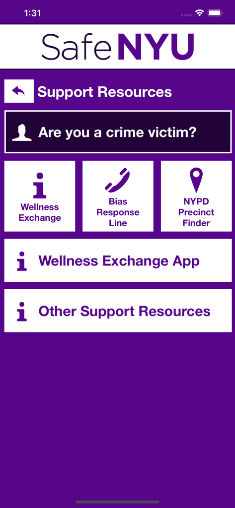 Pantalla de recursos de soporte de la aplicación móvil Safe NYU con botones para Wellness Exchange Bias Response Line y Buscador de Comisarías de la Policía de Nueva York