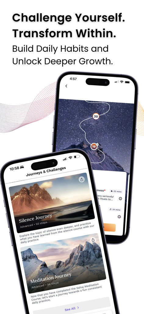 Art of Living app interface showing meditation and silence journeys for personal growth.