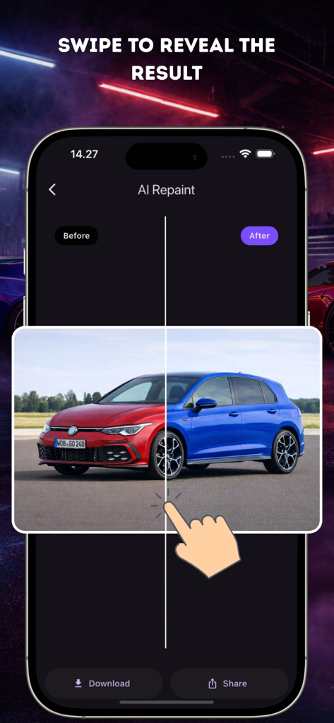 Car Color Editor Ai Repaint - Control deslizante de comparación antes y después que muestra un coche rojo transformado a azul en la interfaz de la aplicación AI Repaint