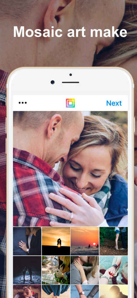 PXL - mosaic art - Interface of the PXL app showing a mosaic art creation from a photo gallery