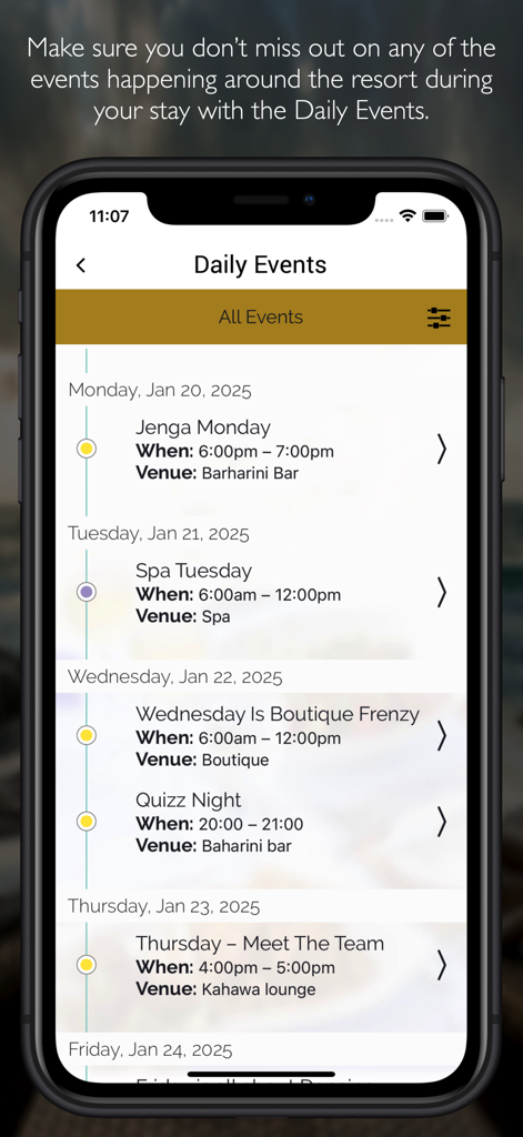 Swahili Beach - The Swahili Beach app displaying a daily schedule of resort activities and entertainment.