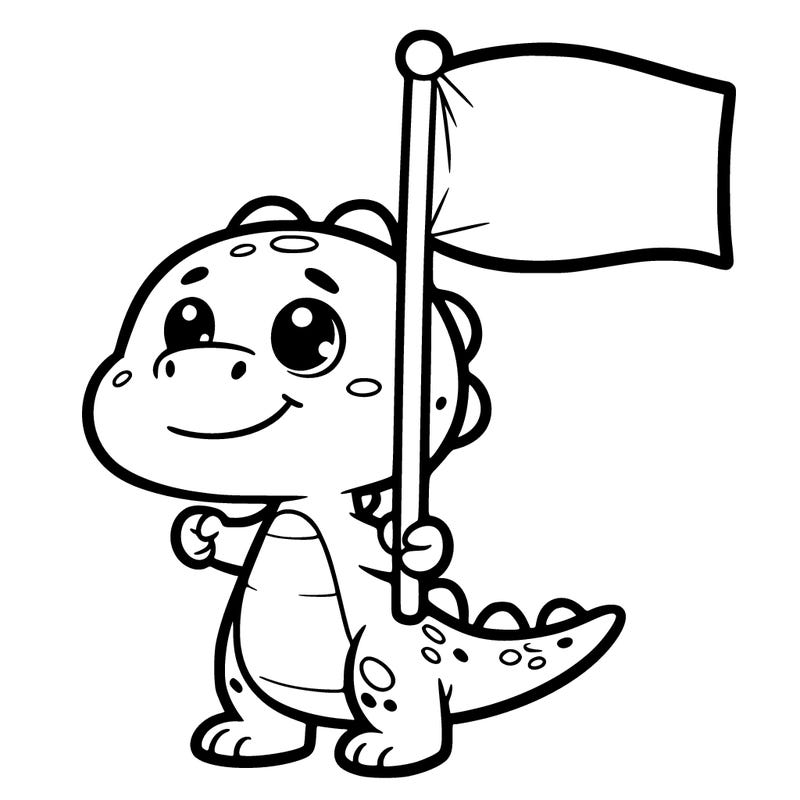 a cute cartoon dinosaur holding up a blank flag