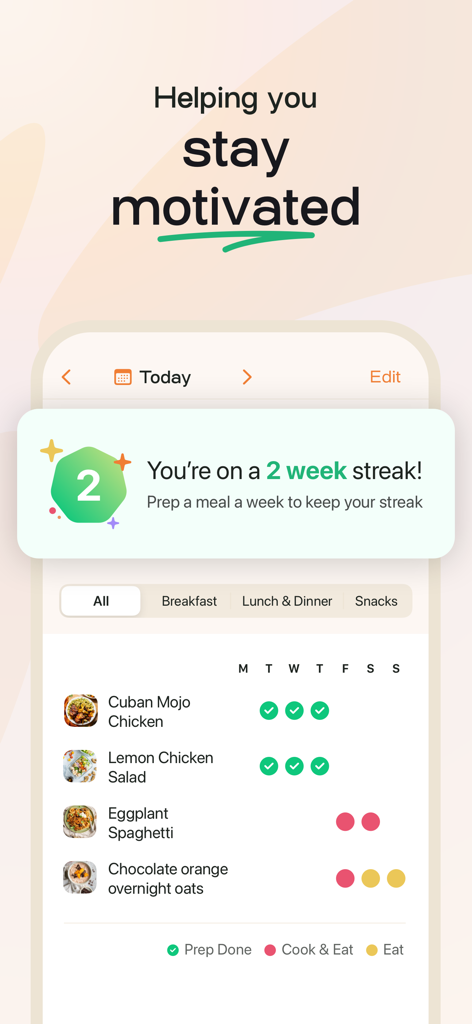 MealPrepPro app interface showing a 2 week streak notification and a weekly meal planning tracker.