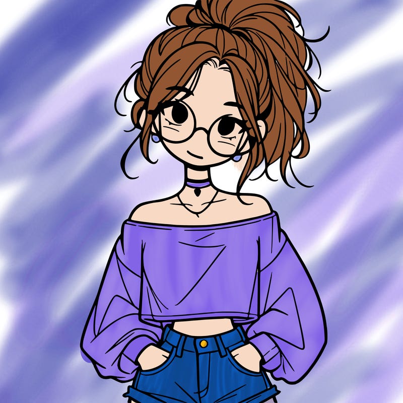 girl with a messy ponytail glasses a baggy crop top and jean shorts