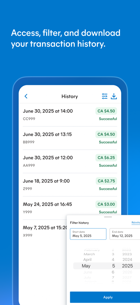 Mobicité - Mobicité app interface showing a list of past parking payments and a filter tool to select a date range.