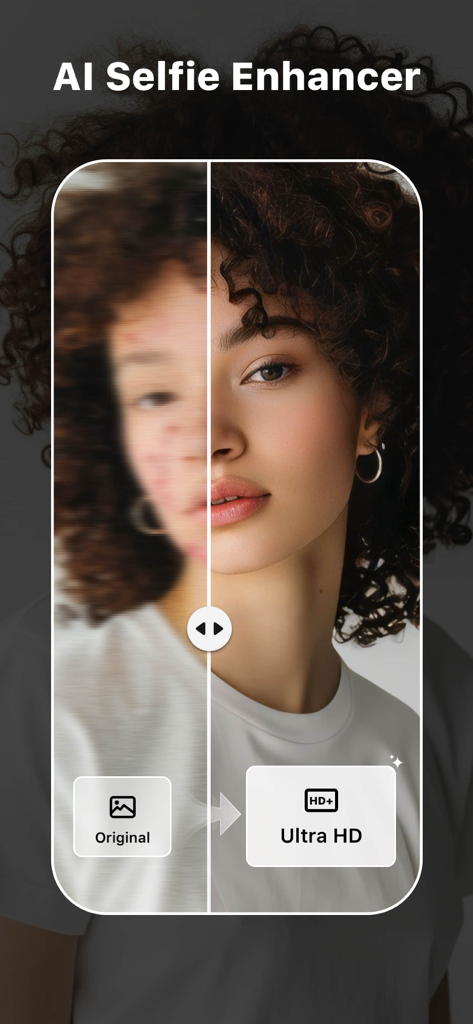 AI Selfie Enhancer showing a side-by-side comparison of an original photo and a retouched Ultra HD portrait