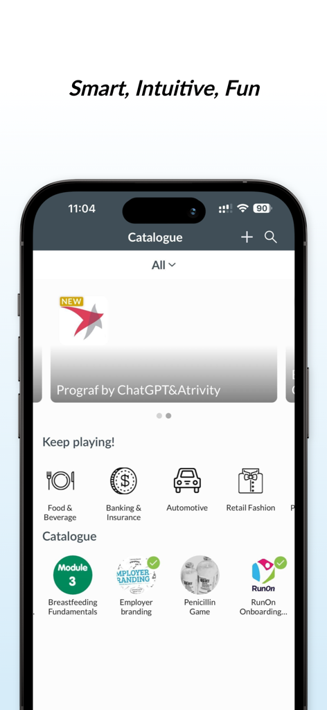 Atrivity app screen displaying a catalogue of training games across different industries like automotive and retail