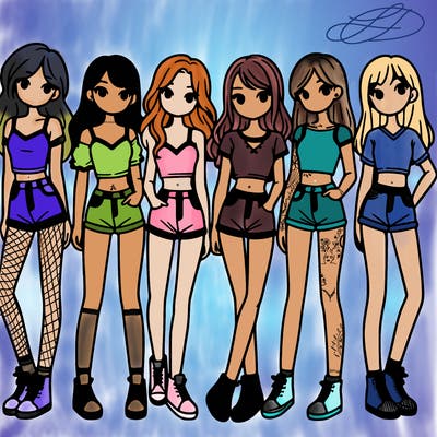 a group of girls wearing crop tops and shorts