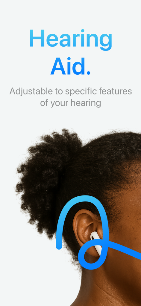 Uma mulher usando fones de ouvido com texto descrevendo recursos ajustáveis de aparelho auditivo