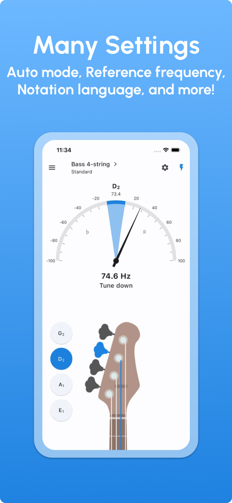 Interface of the Bass Tuner app showing the tuning needle and settings options