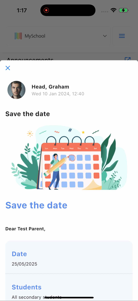 MySchool - Parents & Students - Una pantalla de anuncio escolar en la aplicación MySchool que muestra un evento 'guarda la fecha' con un gráfico de calendario.