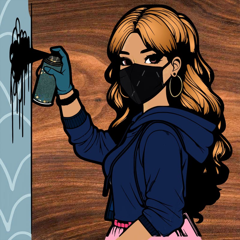 realistic girl with mask spray painting a wall