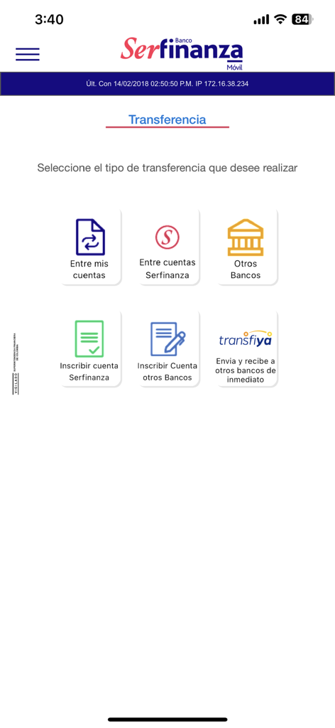 Pantalla de transferencia de la aplicación móvil Serfinanza que muestra opciones para transferencias entre cuentas y a otros bancos