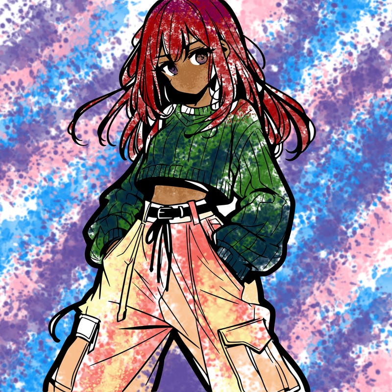 anime teen girl with baggy pants and crop top with sweater