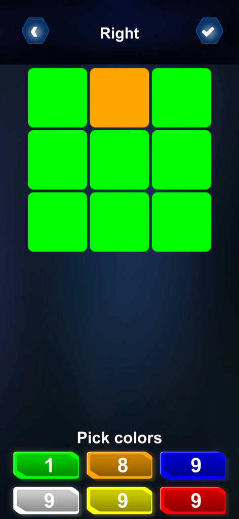 Cube Solver: Scan, Learn, Play - Manual color selection screen showing a 3x3 grid for a Rubiks cube side