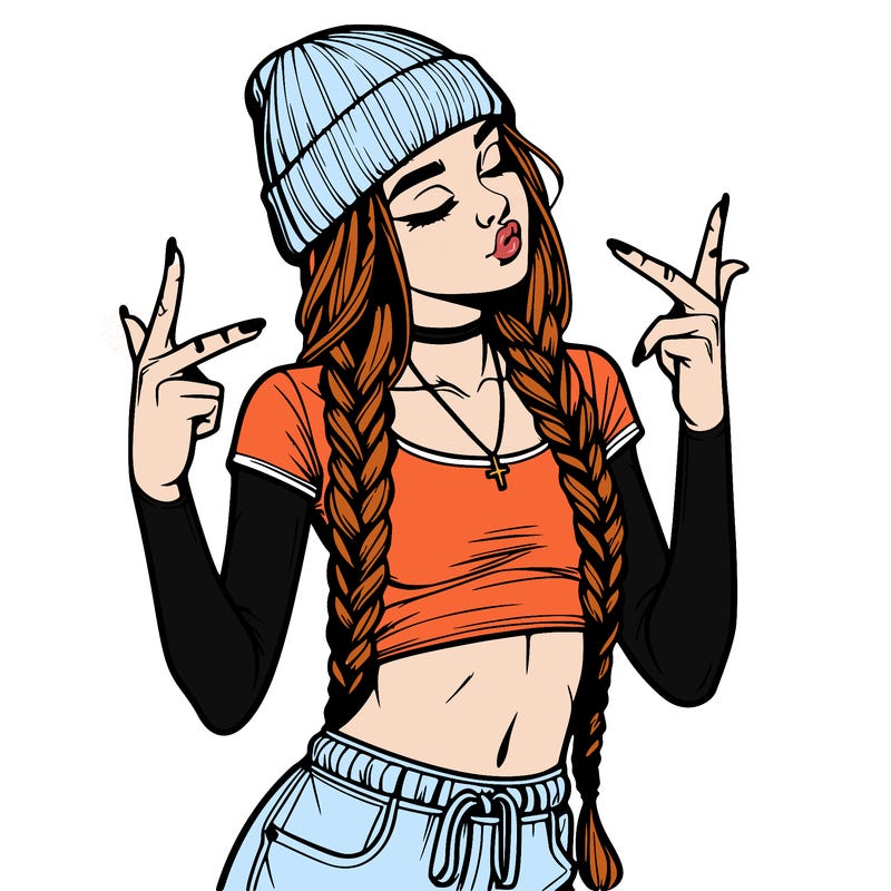 realistic teenage girl with braids and a beanie and crop top doing 🫶🏼