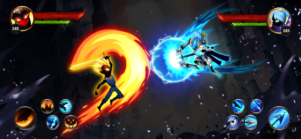 Dois lutadores de sombra stickman colidindo com efeitos de fogo e energia em uma batalha PvP