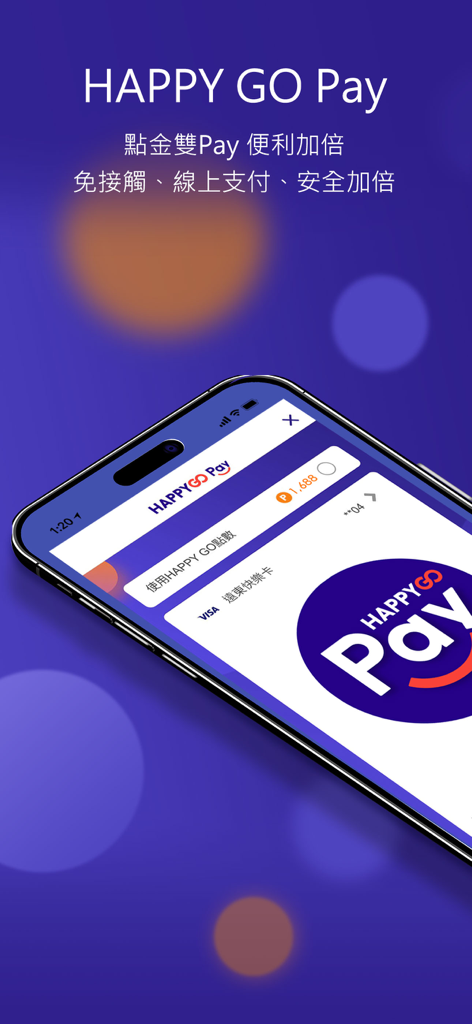 HAPPY GO - Smartphone screen showing the HAPPY GO Pay mobile payment interface with loyalty points and credit card link