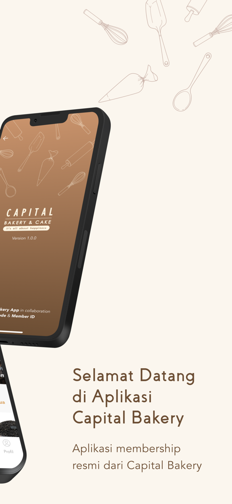Capital Bakery - Welcome screen of the Capital Bakery official membership app showing the logo and bakery illustrations.
