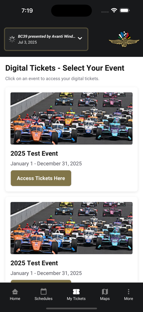 The digital tickets selection screen in the Indianapolis Motor Speedway app showing upcoming event listings.