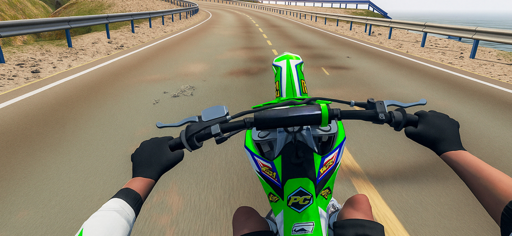 Wheelie Bike Life Rider Games - First person view of a rider on a green dirt bike on an open road